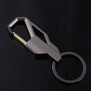 Detailed view of the sleek metal car keychain, highlighting the durable carabiner and keyring.