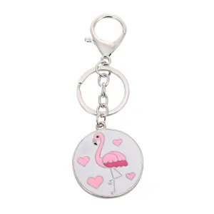 Metalen flamingo sleutelhanger met roze hartjes en ronde hanger, stijlvol dagelijks cadeau.