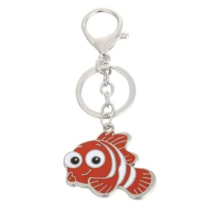 Metal cartoon clownfish keychain with lobster clasp and split ring cute bag accessory