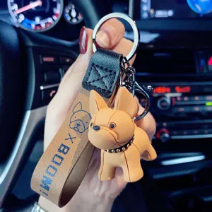 Cute French Bulldog cartoon keychain, stylish leather strap car key ring pendant for bags.