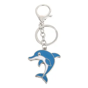 Creative blue dolphin metal keychain with lobster clasp, stylish animal key ring pendant.