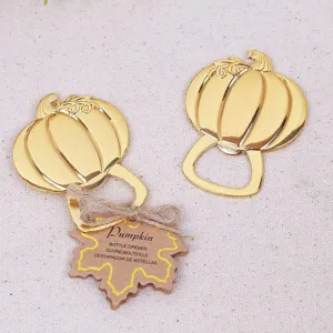 Gold pumpkin bottle opener for wedding favors and party gifts, metal craft design.