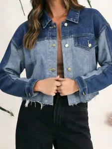 Dames colorblock spijkerjas gedetailleerd overzicht, casual korte denim jas met knopen.