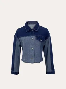 Dames kleurblok denim jas lente casual jas blauw mode stijlvolle bovenkleding details.