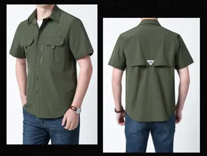 Men's short sleeve tactical utility shirt in military green with multi practical pockets.