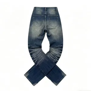 Men's retro street wash flare jeans with distressed whiskering and slim fit denim design.