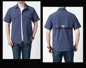 Men's short sleeve tactical work shirt, breathable quick-dry multi-pocket casual outdoor top.