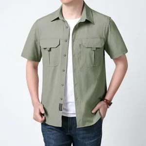 Men's army green utility shirt detail, short sleeve, breathable multi pocket casual top.