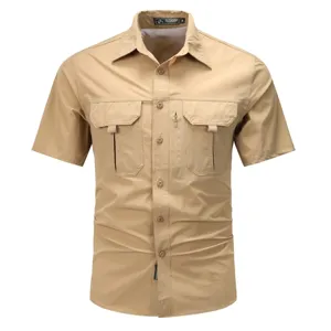 Men's tactical short sleeve shirt detail view, breathable quick-dry khaki casual utility top