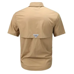 Men's short sleeve outdoor hiking fishing shirt in khaki with breathable back vent design.