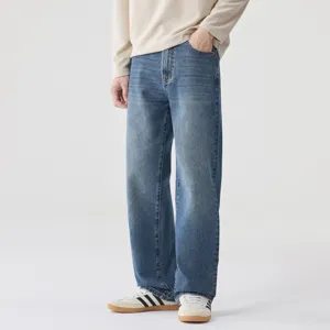 Jeans in Denim Retro Vintage High Street da Uomo Blu Lavato Gamba Dritta Larga Pantaloni Lunghi Casual Streetwear