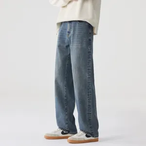 Moda Jeans Denim Vintage Lavato Blu Scuro Gamba Larga Dritta Per Casual Streetwear