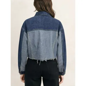 Dames Tweekleurige Patchwork Spijkerjack Casual Raw Hem Blauwe Lente Jas en Mantel