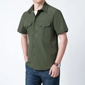 Men's short sleeve tactical work shirt breathable quick dry multi pocket casual top