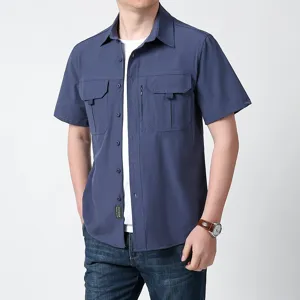 Men's summer short sleeve tactical shirt, breathable quick dry casual multi pocket top view.
