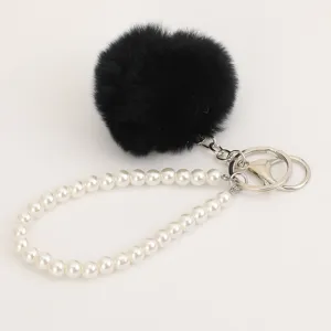 Fluffy black plush pom pom ball with white faux pearl bracelet keychain bag pendant cute.