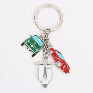 Creative Italian car and motorcycle metal keychain pendant with three colorful enamel charms.