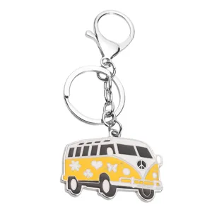 Creative cartoon mini bus keychain metal car pendant cute hippie van keyring gift accessory