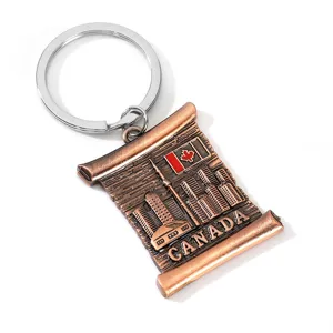 Close-up detail view of the metal vintage scroll keychain featuring engraved national flag.