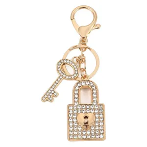 Gold rhinestone heart padlock and key keychain main product view, luxury bag pendant charm.