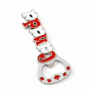 Metal Canada souvenir bottle opener key chain with red maple leaf design for tourism gifts.