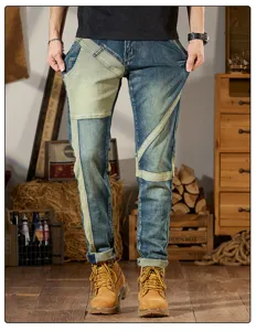 Pantalones vaqueros de hombre retro patchwork slim elastico casual moto largo detalle vista