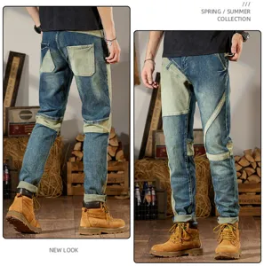 Vaqueros de hombre con retazos vintage corte slim pantalón largo casual estilo moto.