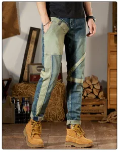 Jeans slim stretch patchwork vintage para hombre en vista detallada con gran diseño