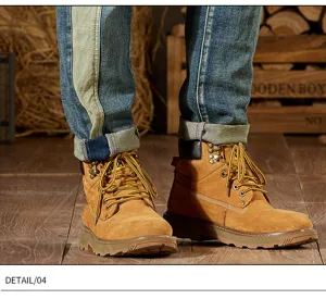 Jeans de mezclilla vintage para hombre con botas de trabajo amarillas detalle pantalón casual