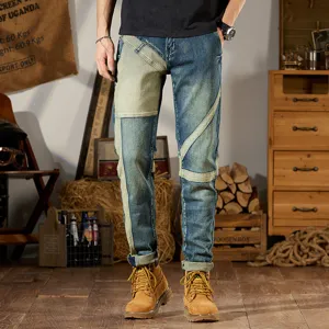 Vaqueros de Mezclilla Estilo Patchwork Vintage para Hombre Corte Ajustado Elástico Casual Retro Moto Ajustado Pantalón Largo