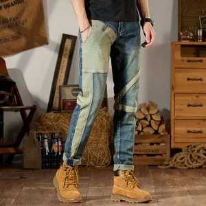Jeans slim patchwork retro para hombre pantalón largo y elegante colorblock de uso diario