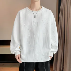 Men's casual loose white pullover sweatshirt with stylish embossed letters for autumn.