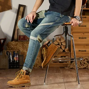 Hombres vintage patchwork slim fit vaqueros elegante envejecido biker pantalón largo