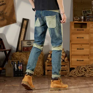 Jeans de hombre vintage patchwork slim elastico denim pantalon estilo moto casual