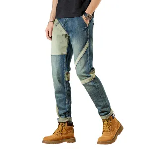 Hombre vintage patchwork ajustado stretch vaqueros casual moto skinny pantalones