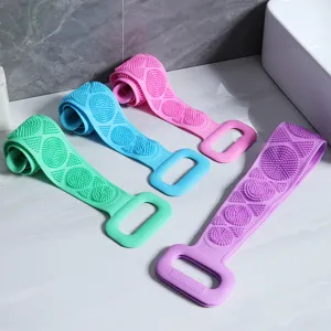 Silicone bath body scrubber dual-sided exfoliating shower belt with handles for deep cleaning
