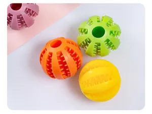 Silicone dog chew toy detail, colorful pet teething ball with food leaking hole and spikes.