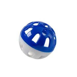 Plastic hollow cat toy ball with bell, blue and white interactive pet toy for fun.