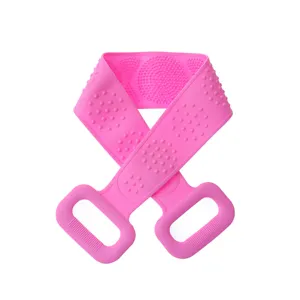 Silicone back scrubber for shower, double sided body exfoliating bath belt with handles.