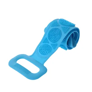 Blue silicone back scrubber bath towel with double-sided exfoliating bristles and handles.