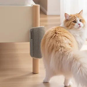 Grey silicone cat corner scratcher brush for furniture legs, pet grooming massager toy.