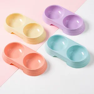 Plastic Double Pet Bowl Cute Macaron Color Food And Water Feeding Dish For Cats And Dogs Pet Feeding Supplies