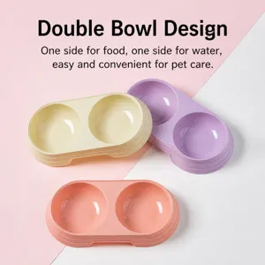 Plastic double pet bowl for cats and dogs, dual-use food and water feeder in multi colors.