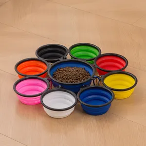 Portable silicone pet folding bowl set, outdoor travel dog food and water bowl with carabiner.