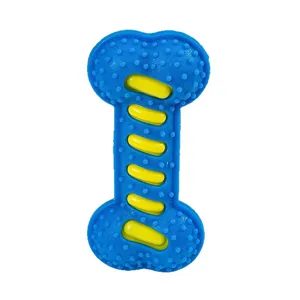 Durevole giocattolo da masticare per cani in gomma blu a forma di osso con rilievi gialli denti.