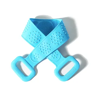 Blue silicone back scrubber bath strap with double-sided massage bumps and dual handles.