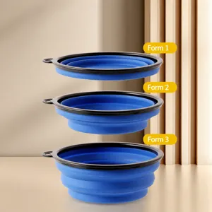 Portable collapsible silicone pet bowl with three adjustable heights for travel feeding.