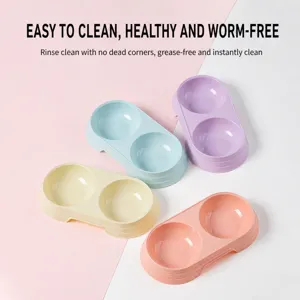 Plastic double pet bowl for cats and dogs, colorful feeding dish, easy to clean design.