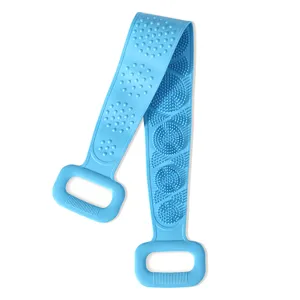 Blue silicone back scrubber for shower, long double sided exfoliating bath belt.
