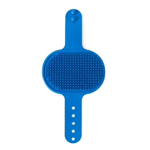 Spazzola per toelettatura animali in silicone blu e massaggio per gatti con cinturino.